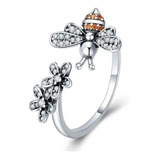 Anillo Plata Esterlina 925 Abeja Y Flores Dama Ajustable