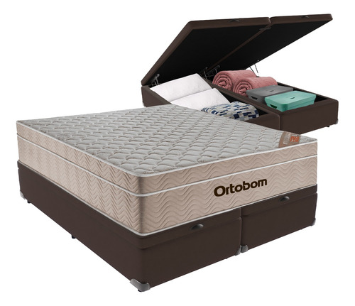 Cama Box Baú Queen Marrom Colchão Ortobom Springpocket