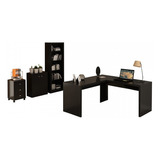 Conjunto Home Office 4 Peças Com 1 Mesa Em L, 1 Estante, 1 Cor Preto