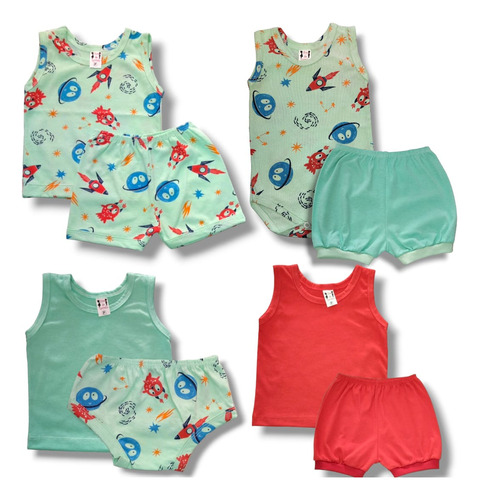 Kit 8 Pçs Roupa Bebê Verão Atacado Body Short Tapa Fralda