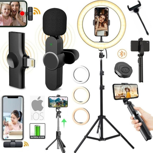 Kit Ring Light Led Tripé Microfone Sem Fio iPhone Filmagem