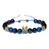 Pulsera Piedra Onix Ojo De Tigre Blue Corona Dorada 2021