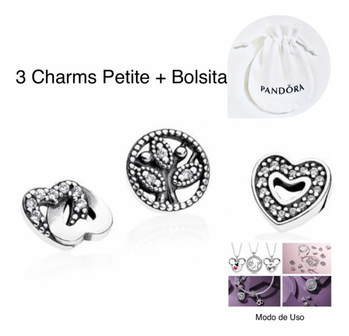 3 Charms Petite,p/medallón Compatible Pandora,plata+bolsa