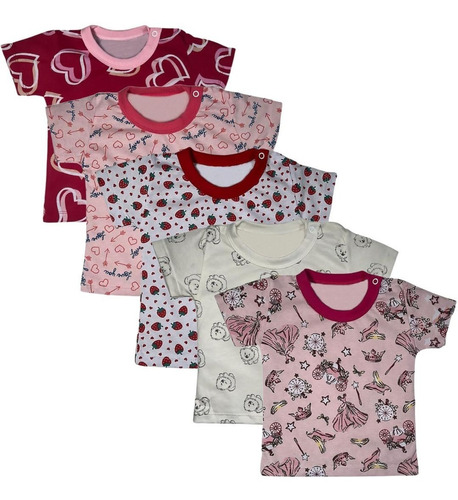 Kit 5 Pçs Camiseta Infantil Bichos Bebe 100% Algodão Menina