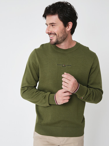 Sweater C-neck Con Logo Bordado Verde Tommy Hilfiger