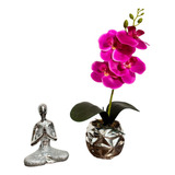 Kit Mini Orquidea Em Silicone 3d Vaso Ceramica + Estatua 