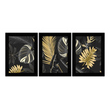 Trio Quadros Decorativos Folhas Plantas Preto Dourado Ouro