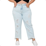 Calça Feminina Jeans Mom Plus Size Destroyed Cintura Alta