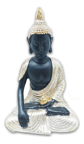 Buda Tailandês Da Meditação Yoga Preto Dourado 12 Cm