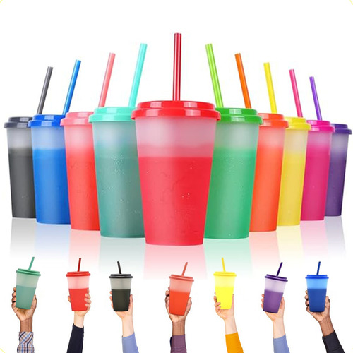 Vasos Magicos Cambian De Color Con Tapa Y Popote 710ml 10pzs