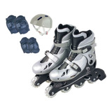 Patins In-line Ajustável Prata 34 Ao 37 + Kit Proteção