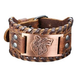 Bracelete Pulseira Homem Viking Lobo Couro Marrom Nórdico