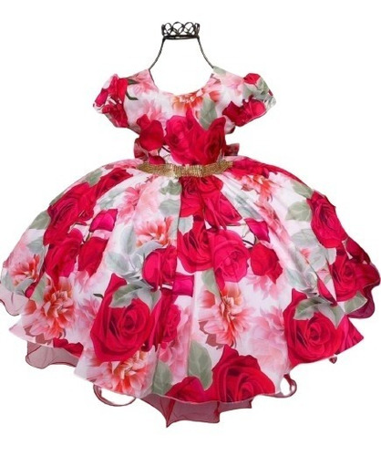 Vestido Infantil Juvenil Floral Vermelho Luxo Princesa Natal