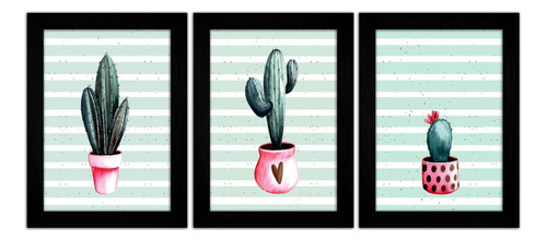 Trio Quadros Decorativos Natureza Cactos Plantas Flores 