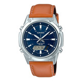 Reloj Casio Amw-s820l-2avdf En Pulso De Cuero Hombre Color De La Correa Marrrón Color Del Fondo Azul