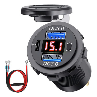 Paquete De Enchufes Usb De 12 V Y 3 Puertos Para Cargador De Coche, 78 W Dual Pd Usb C 30 W Y Carga Rápida 3.0 Puerto Cargador De Aluminio Impermeable Con Voltímetro E Interruptor De Botón Para | Meses sin interés