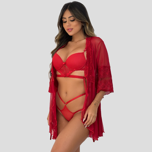 Kit Robe De Tule + Conjunto Lingerie Com Bojo Strapy Sensual