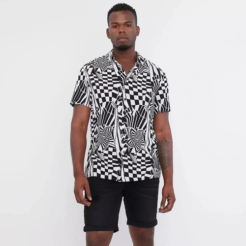 Camisa Guayabera Hombre Print Geométrico Blanco / Negro