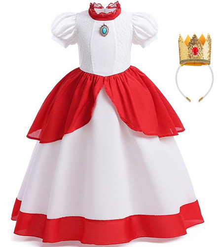 Princesa Peach Niñas Vestido De Encaje Cosplay + Corona