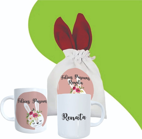 Taza Plastico Personalizada Pascua + Bolsita Orejas Conejo