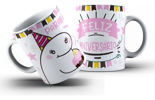 Caneca Xicara Porcelana Flork Feliz Aniversario