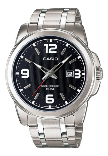 Reloj Pulsera Casio Enticer Mtp-1314 De Cuerpo Color Plateado, Analógico, Para Hombre, Fondo Negro, Con Correa De Acero Inoxidable Color Plateado, Agujas Color Gris, Blanco Y Rojo, Dial Blanco Y Gris,