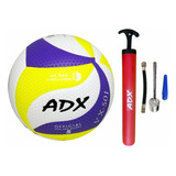 Balón Voleibol Vx501 + Bomba Adx Peso Y Medida Reglamentaria Color Amarillo Con Morado Y Blanco