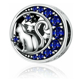 Charm De Plata 925 Gato Luna Azul Compatible Pulsera Collar