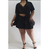 Kit Conjunto 3 Peças Short + Cropped  + Kimono Plus Size