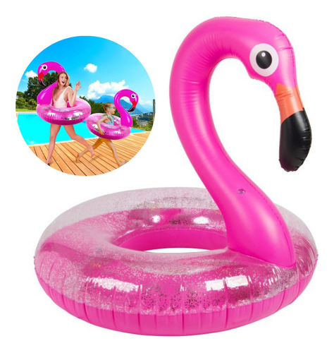 Boia Flamingo Rosa C/ Glitter Grande Piscina Inflável 90cm