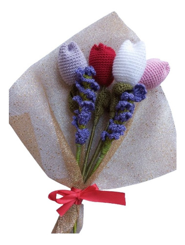 Ramo Flores Tulipanes Eternas Artificiales Tejido A Crochet 