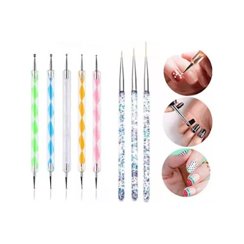 Kit 5 Puntero Uñas + 3 Pinceles Para Diseño Uñas Postizas  