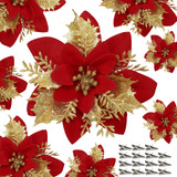 15 Flores Artificiales Para Navidad Rojas Y Doradas