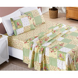 Jogo De Cama Bouti Queen 4 Peças Lençol Estampado Patchwork Cor Verde Desenho Do Tecido Florido