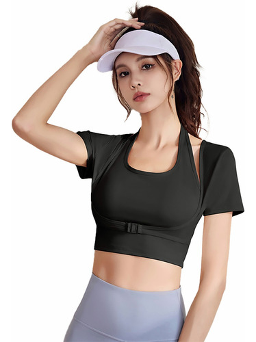 Dama Ropa Corta De Correr Manga Corta Y Cuello Halter 2 En 1