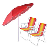2 Cadeiras De Praia + Guarda Sol Vermelho 2,50 M Manivela
