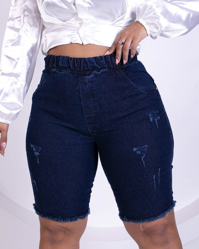 Bermuda Shorts Jeans Plus Size Fem Elástico Cós Alto Premium