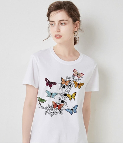 Camiseta Casual Con Estampado De Mariposas De Moda Para Muje