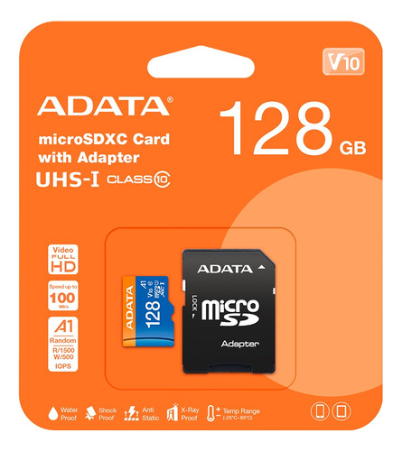 Memoria Micro Sd Adata  Ausdx128 Gb 100 Mb/sg Clase 10 Azul