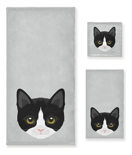 Bonito Juego De Toallas De Gato Blanco Y Negro, 3 Uds., Toal