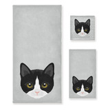 Bonito Juego De Toallas De Gato Blanco Y Negro, 3 Uds., Toal