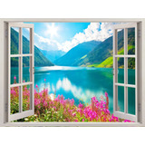 Adesivo Decorativo Parede Janela Paisagem Montanha Lago Flor