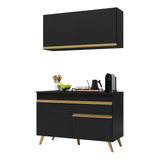 Armário De Cozinha Compacta 120cm Veneza Multimóveis V3687 Cor Preto/dourado