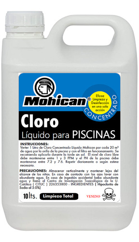 Cloro Liquido Concentrado Para Piscinas Mohican 10 Lt