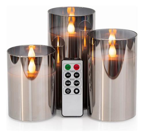 Velas Led Con Espejo Tintado Plateado Gris Vidrio Juego De 3