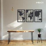 Cuadro Triptico Madera Decorativo Planisferio Mapa Moderno Color Negro