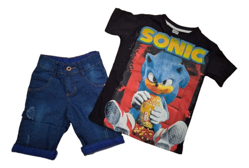 Conjunto Fantasia Infantil Sonic Bermuda Sem Suspensório Azu