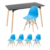 Kit Mesa Jantar Eames Retangular  4 Cadeiras Eiffel Wood Av Cor Da Tampa Mesa Preto Com Cadeiras Azul Céu