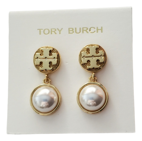 Aretes Tory Logo Redondo Con Media Perla Colgante