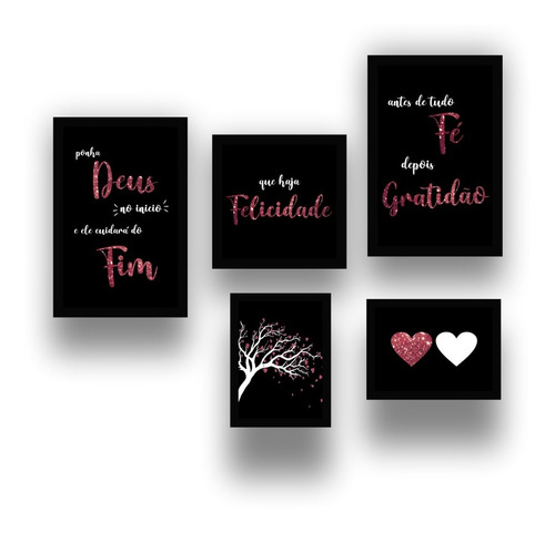 Kit 5 Quadros Decorativos Frases Motivacionais Sala Quarto